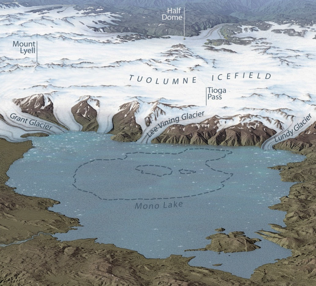 Illustration of ancient Lake Russell with the Sierra Nevada covered in glaciers that come over the eastern side of the Sierra Nevada into the Mono Lake Basin, with an outline of where Mono Lake is today.