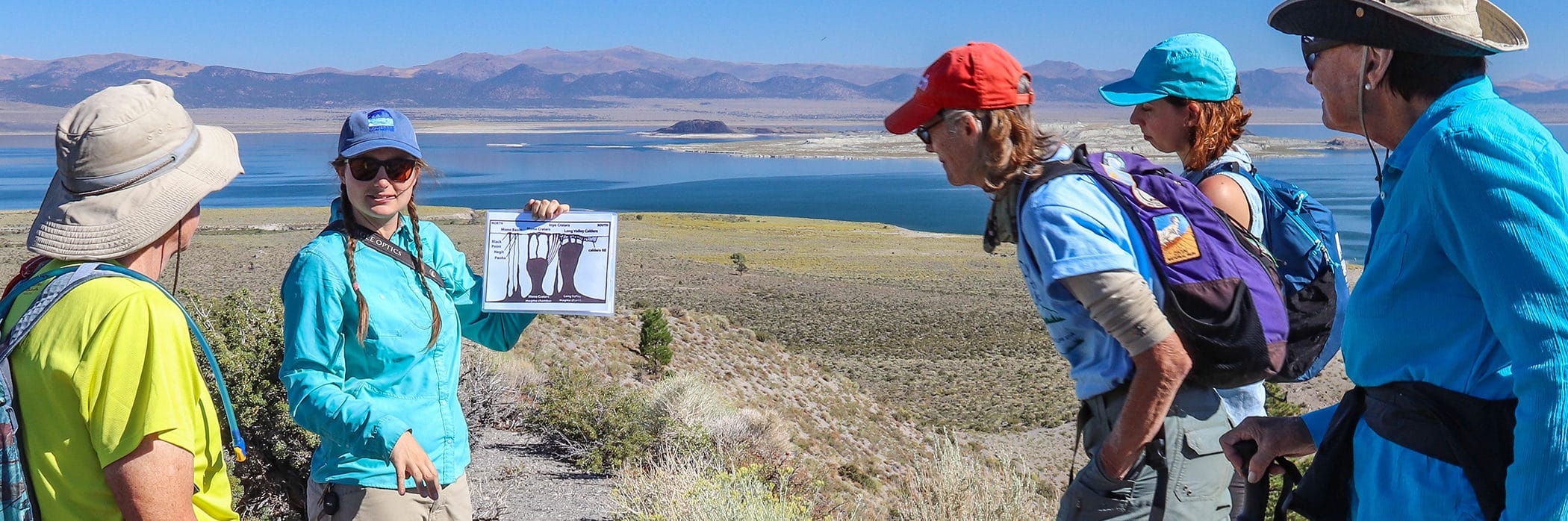 Four people gather around a tour guide holding a geology diagram with bright blue Mono Lake in the background.