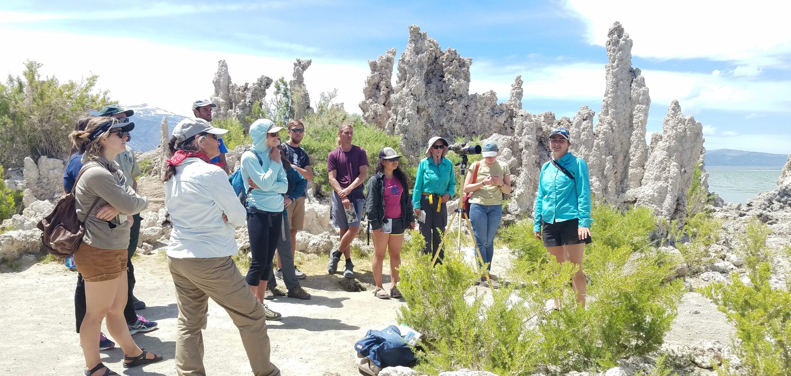 Twelve people are standing in a grove of an unusual landscape with tufa towers behind them and they are listening intently to a guide and it is a bright sunny day.