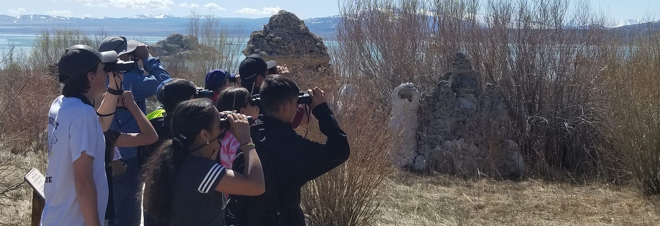 A group of ten students and a teacher look through binoculars at a bird in the distance on a bright sunny day with leaf-bare willows, tufa towers, and Mono Lake in the distance.