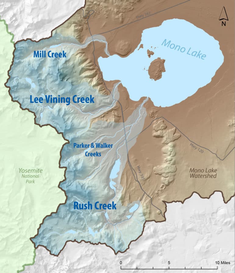 A simple watershed map showing Mill Creek, Lee Vining Creek, Parker & Walker Creeks, and Rush Creek -- the tributaries to Mono Lake, with Yosemite National Park for reference.