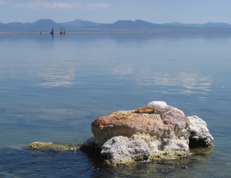 Partially submerged rock with freshwater bubbling up around the edges, and a glassy lake with tufa towers and hills in the background.