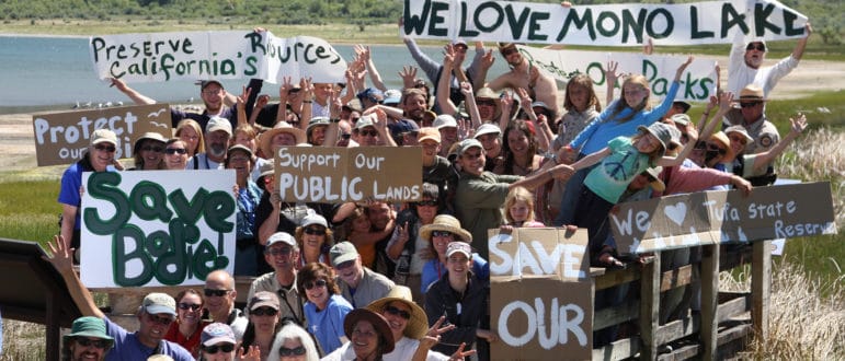 About 60 people holding handmade signs supporting Mono Lake and the Mono Lake Tufa State Reserve cheering and waving and showing a lot of spirit and joy while standing on the small platform at County Park overlooking Mono Lake.