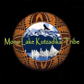 Yellow font reads "Mono Lake Kutzadika Tribe". Behind the text is a circular image of tufa in Mono Lake with a bird flying over the mountains. A circular pattern of yellow and brown surrounds the image.