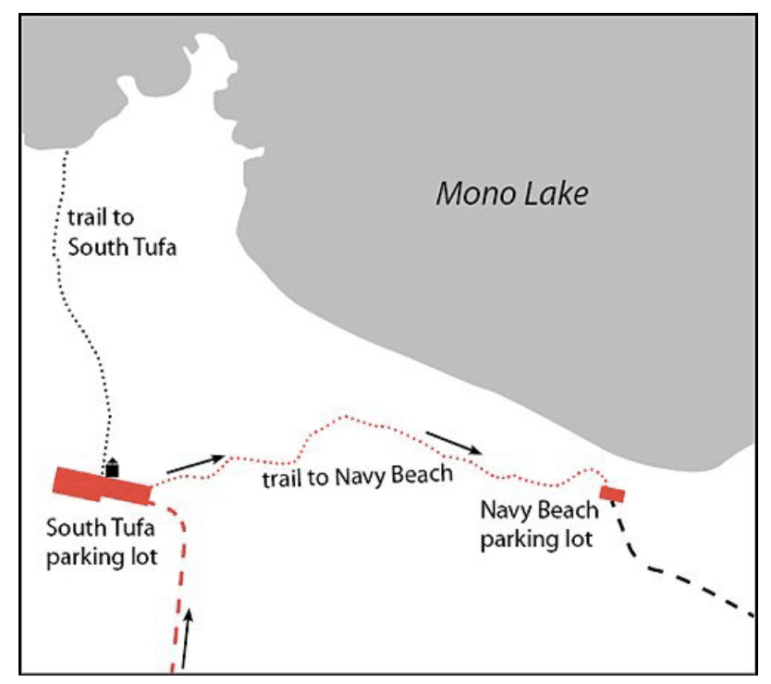 Map of how to get to Navy Beach from the South Tufa parking lot.