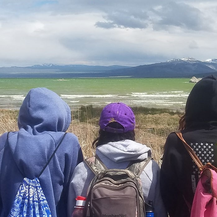 Eight students stand in a line looking out at a very green Mono Lake with waves on it and with a tufa island and the Mono Craters in the distance, and they are all wearing cool-weather outdoor gear.