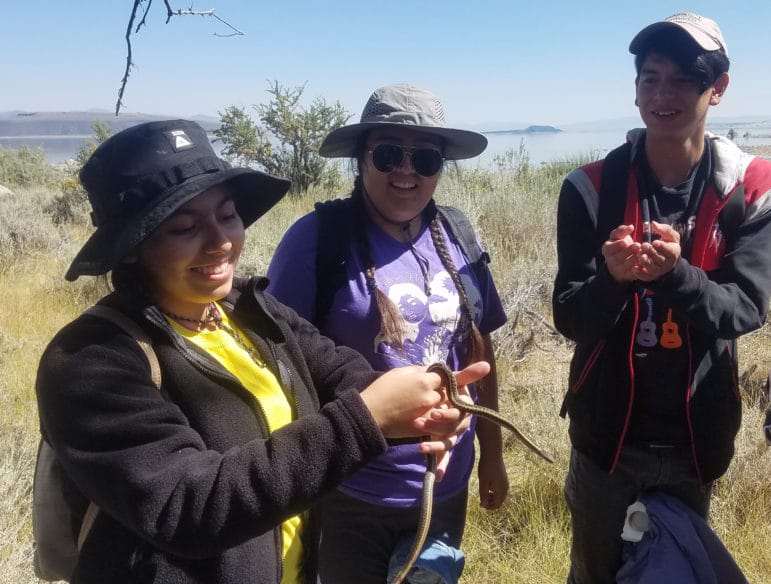Three students stand outside in a field with Mono Lake in the background and one of them is gently holding a snake while the others look on with excitement.