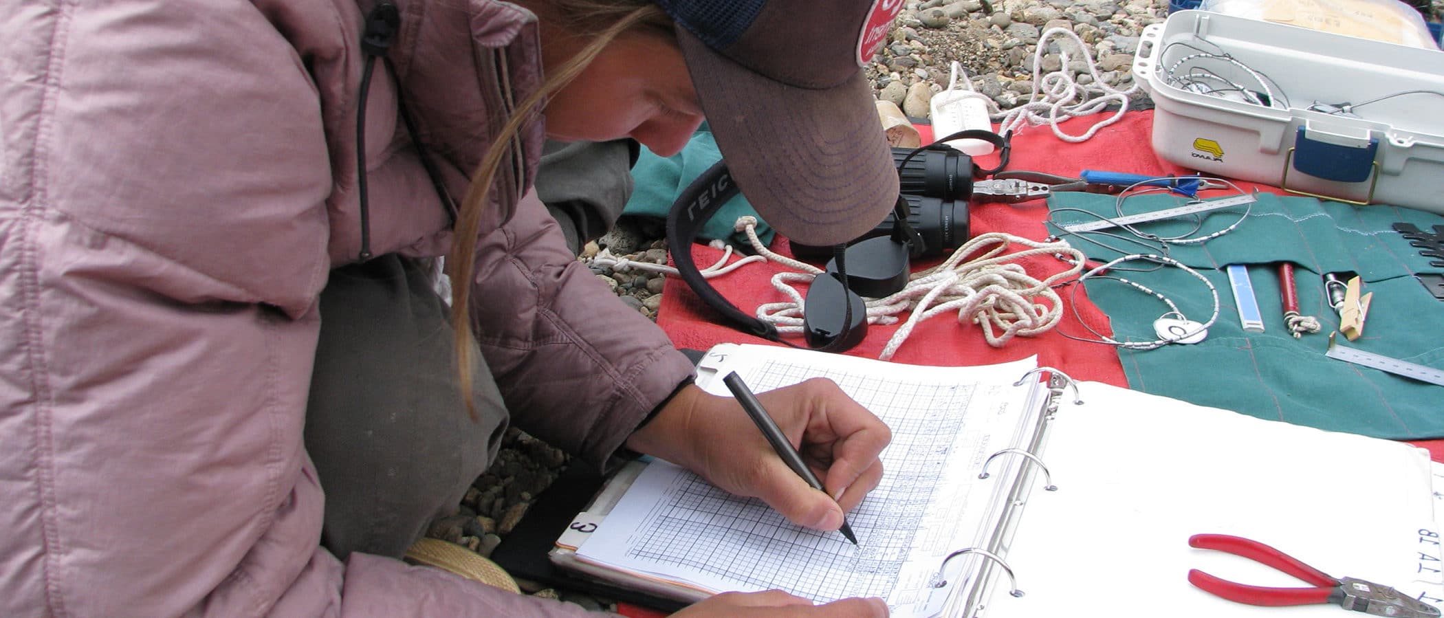 Researcher sits on the ground with binoculars and research equipment as she records data in a binder.