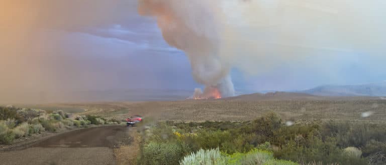 Wildfire flames and plume of smoke along the shore of Mono Lake in the distance with a truck driving down a contry road towards the fire.