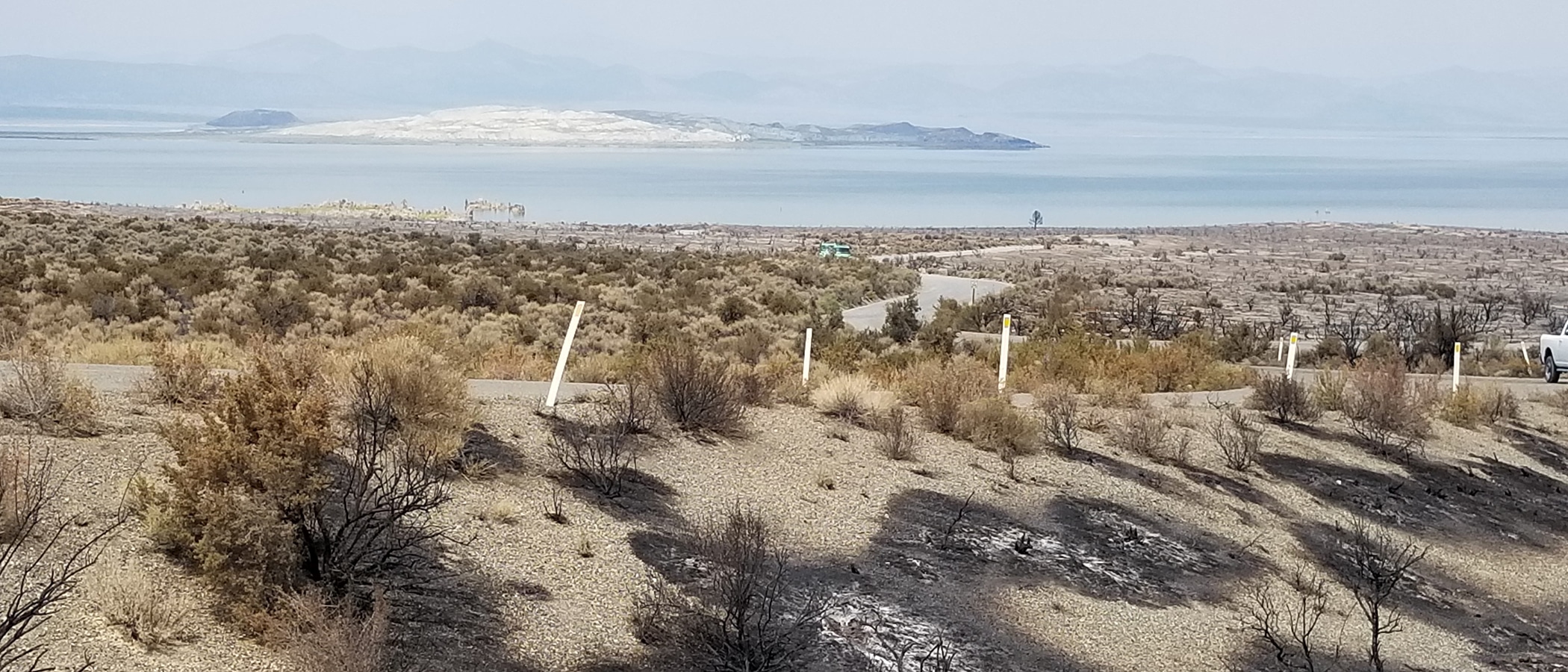 View from the road to South Tufa with burned vegetation and black fire scars with Mono Lake in the smokey distance.