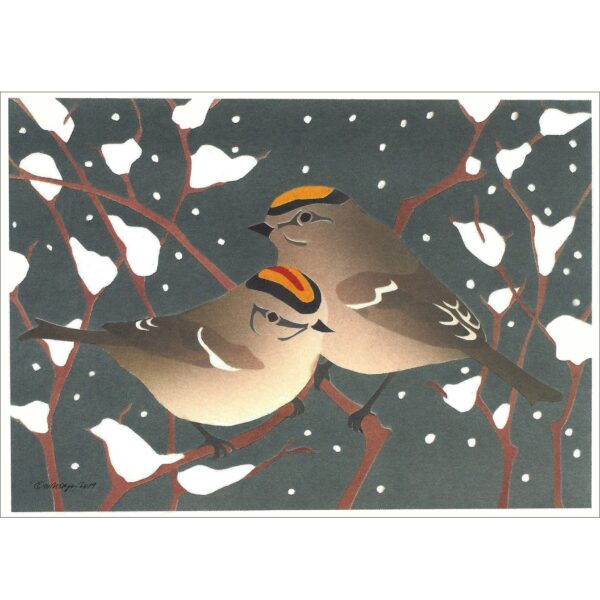 Artwork depicting a pair of gray birds with yellow caps perched in snowy branches against a dark blue background.