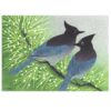 Artwork depicting a pair of blue birds with black crested heads perched on a branch with green needles covering it.