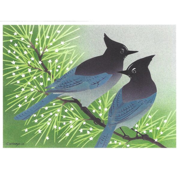 Artwork depicting a pair of blue birds with black crested heads perched on a branch with green needles covering it.