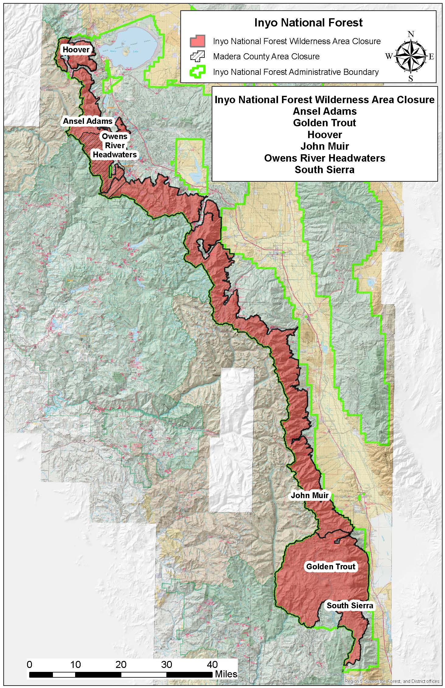 A topographical map on Inyo National Forest shows in red the areas that are currently closed.