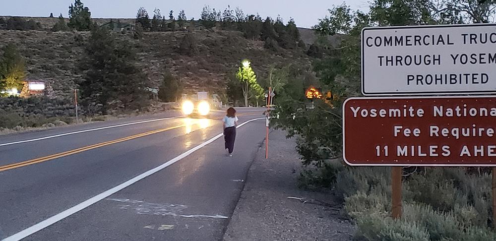 A person walks away from the camera along the shoulder of the highway, with no barrier separating her from the oncoming cars. Headlights flash in the distance and road signs are in the periphery.