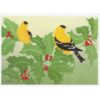 Artwork depicting a pair of yellow and black birds perched in spikey green leaves with red berries.