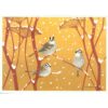Artwork depicting three birds perched in small branches while snow falls against an orange background.
