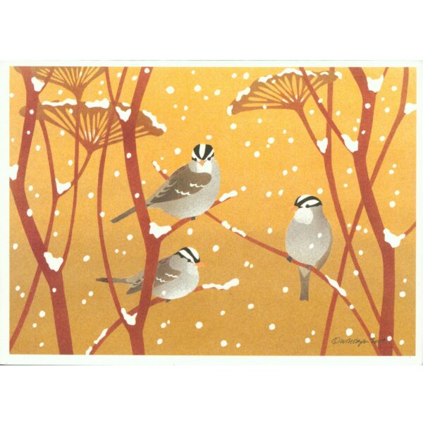 Artwork depicting three birds perched in small branches while snow falls against an orange background.