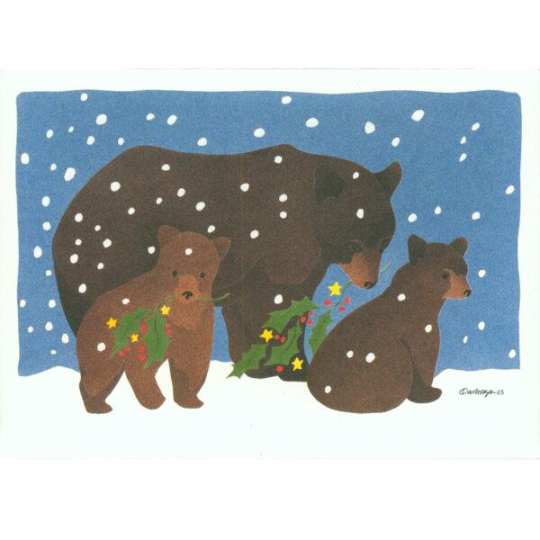 Three bears stand in falling snow, two of the bears hold holly branches with stars in their mouths.