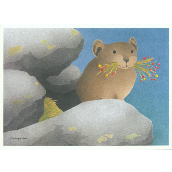 Artwork depicting a pika crounched on rocks with grass in it's mouth against a blue background.