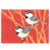 Artwork depicting two birds perched in tan branches against a red background.