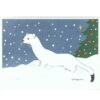 Artwork depicting a white weasel with a black tipped tail against a snowy scene, a tree with decorations is in the background.