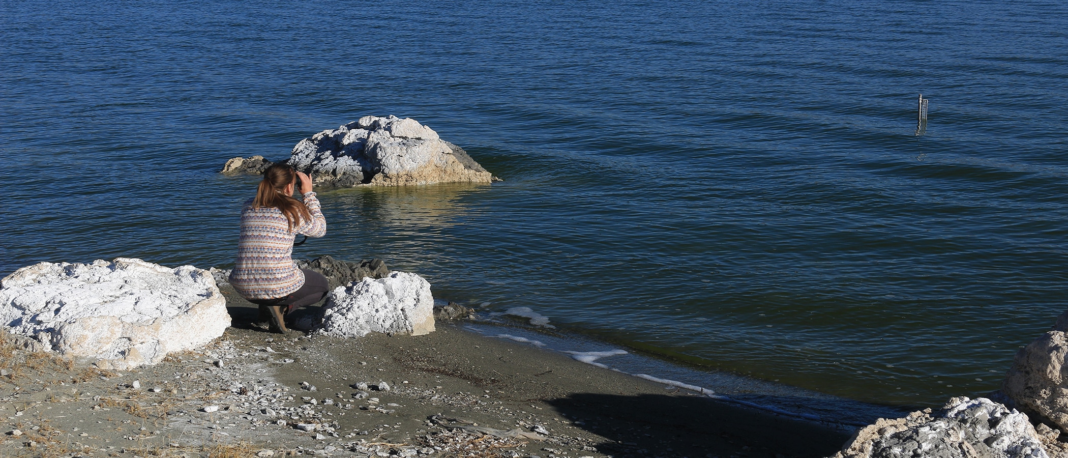 A woman crouches on white tufa on the edge of the blue Mono Lake water and looks through binoculars at a water level gage sticking out of the water.