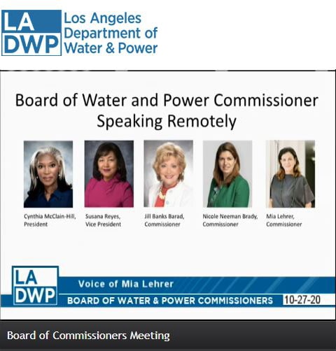 A screenshot from the Board of Commissioners Meeting shows profile headshots of five women speakers: Cynthia Mclain-Hill, Susana Reyes, Jill Banks Barad, Nicole Neeman Brady, and Mia Leher.