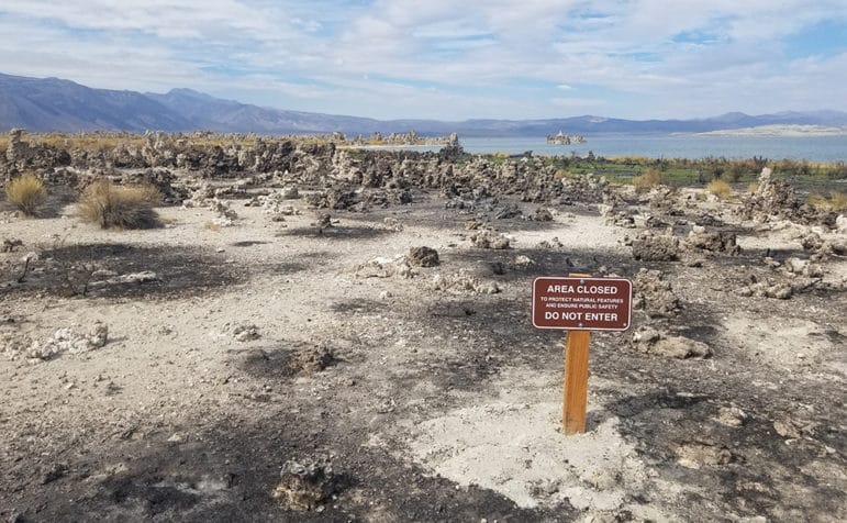 A small brown sign which reads " Area Closed Do Not Enter" is stuck into the sand, and surrounded by burnt and blackened patches of tufa and dirt.