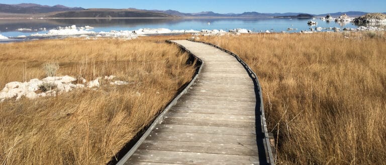 The end of a wooden boardwalk is surrounded by brown grasses and tufa, with glassy blue lake water behind it.