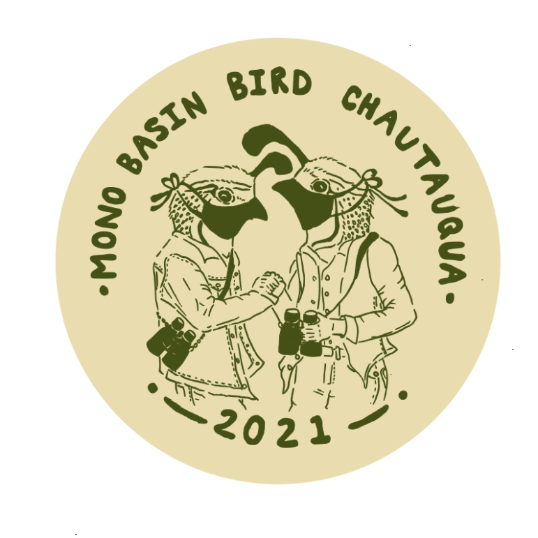 A beige circle with an olive green drawing of two birds wearing masks and human clothes, and holding binoculars. Text reads: Mono Basin Bird Chautauqua 2021