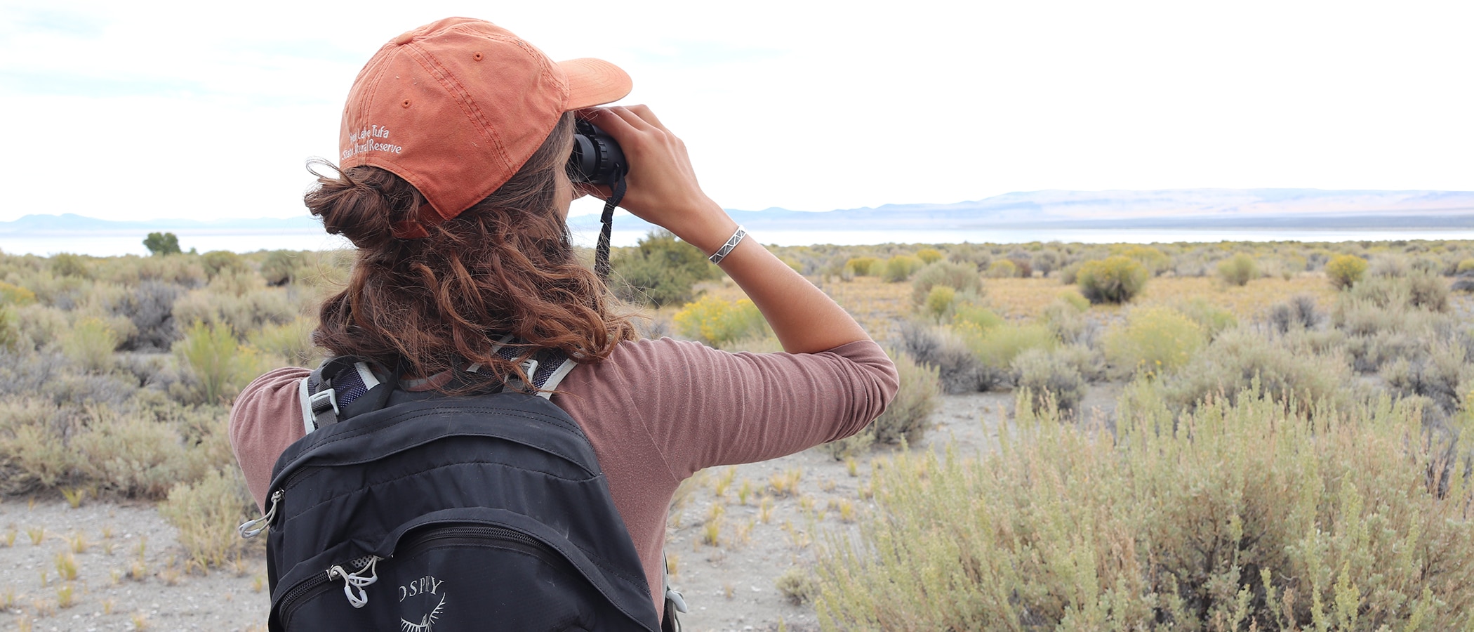 A person wearing a backpack and baseball hat surrounded by desert scrub looks away to the horizon through binoculars.