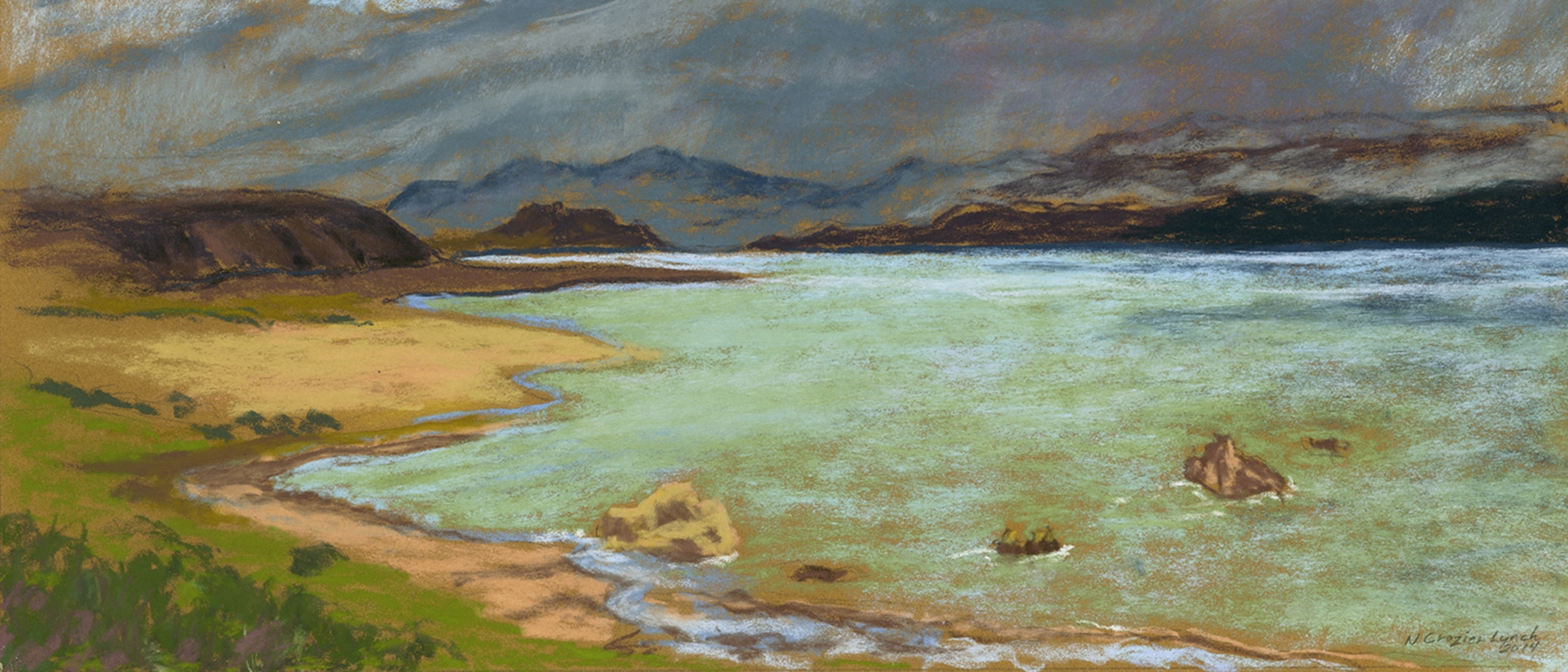 Pastel work of Mono Lake with storm clouds in the sky.