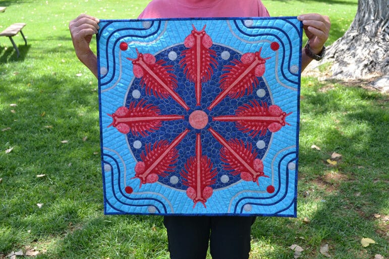 Against a bright green grass background a person holds up a blue quilt with pink and red brine shrimp.