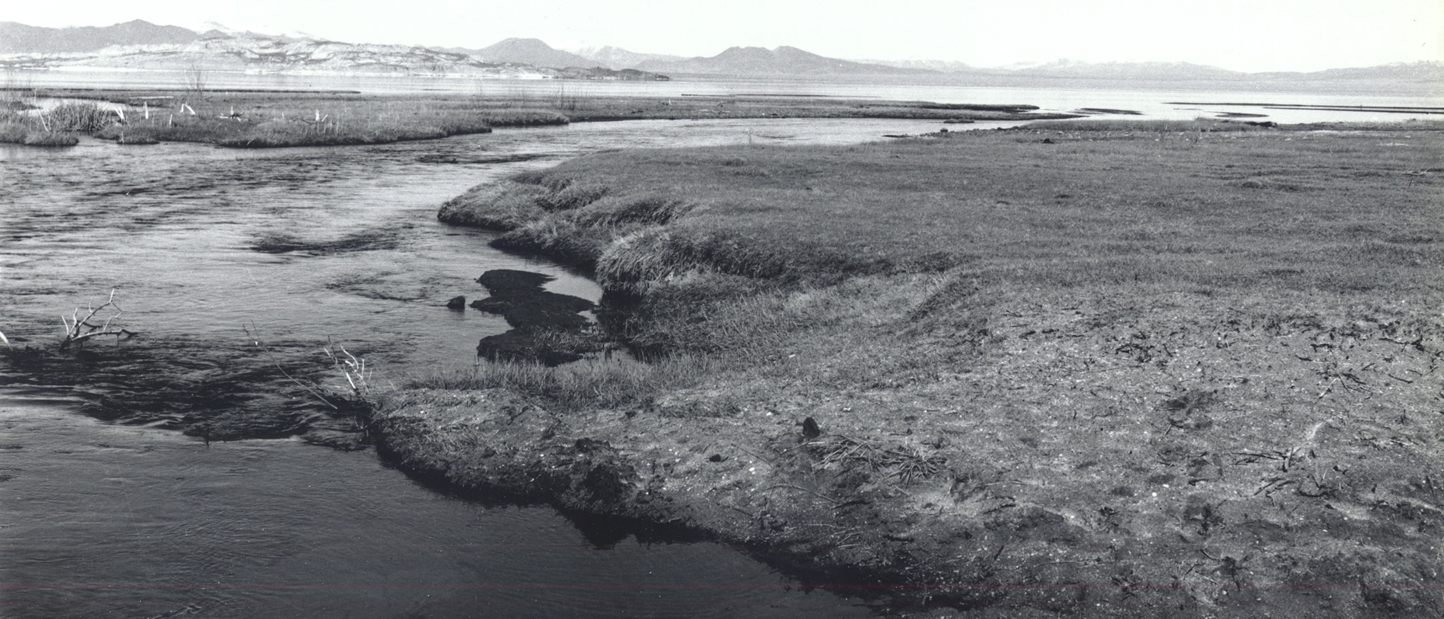 Black and white photo of Rush Creek meeting Mono Lake with Paoha Island in the background.