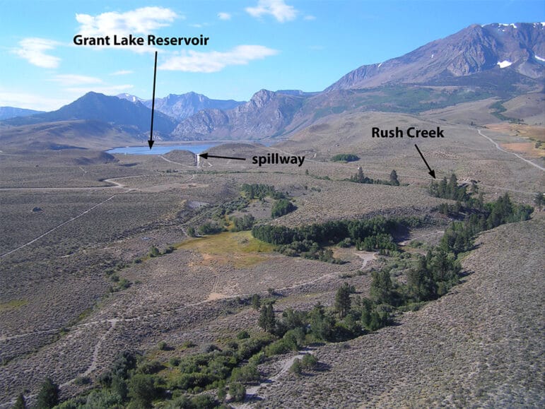 Aerial view looking over Rush Creek toward Grant Reservoir.