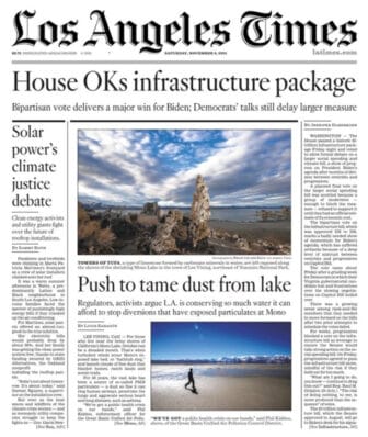 Los Angeles Times page containing an article about Mono Lake levels and air quality issues.