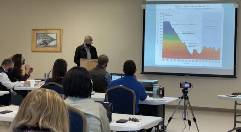 Mono Lake Committee Executive Director Geoff McQuilkin presenting at the November 4 Great Basin Unified Air Pollution Control District public workshop in Lee Vining.