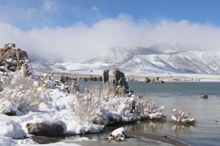 Fresh snow on a lakeshore, bare shrubs poke out and tufa towers are scattered around the area, puffy white clouds and snow covered mountains are in the distance.