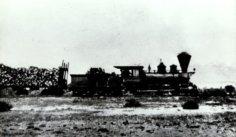 Black and white image of a locomotive carrying a load of logs.